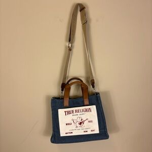 True Religion Denim Messenger Bag with Tan Logo Crossbody Strap